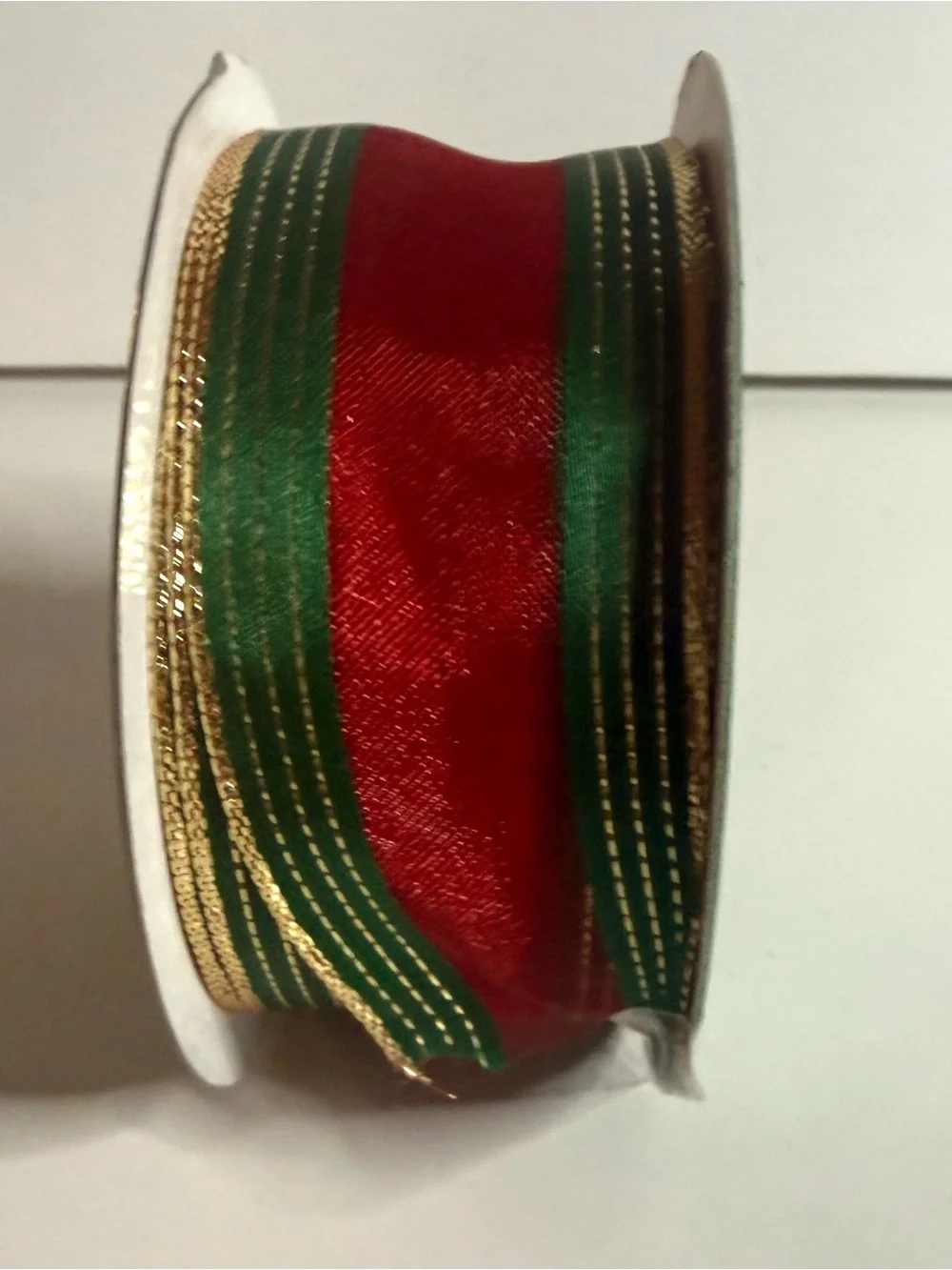 Mega Roll Narrows Wired Edge Ribbon - Green & Red with Gold Trim